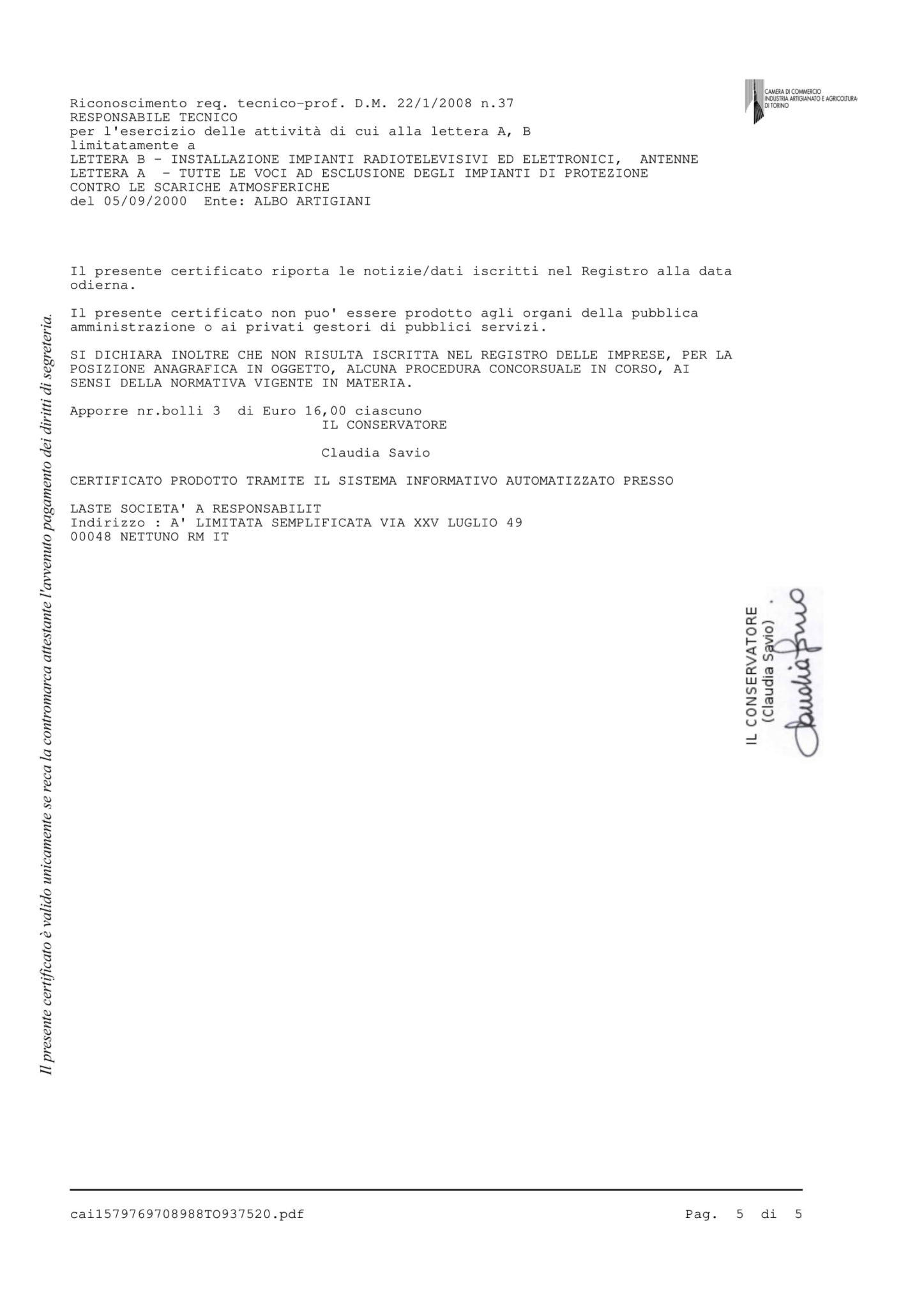 Certificato camerale di iscrizione alla CCIAA - VisuraSI