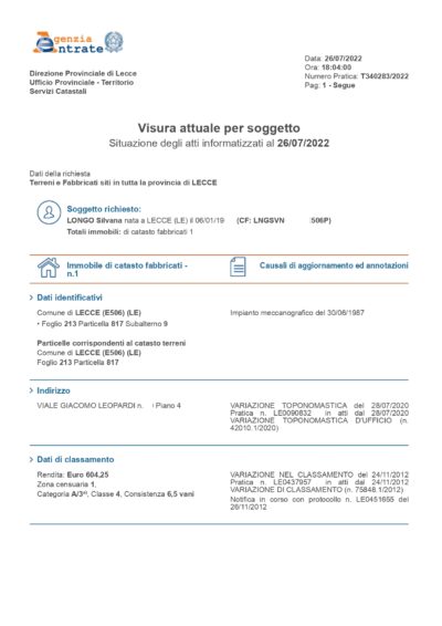 Visura catastale attuale su soggetto