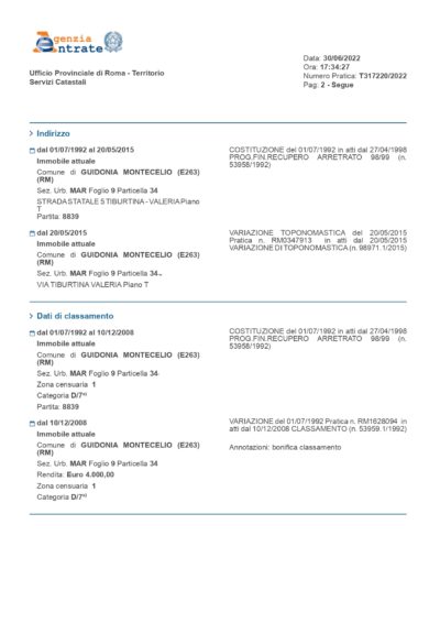 Visura catastale storica su immobile rilasciata dall'Agenzia delle Entrate